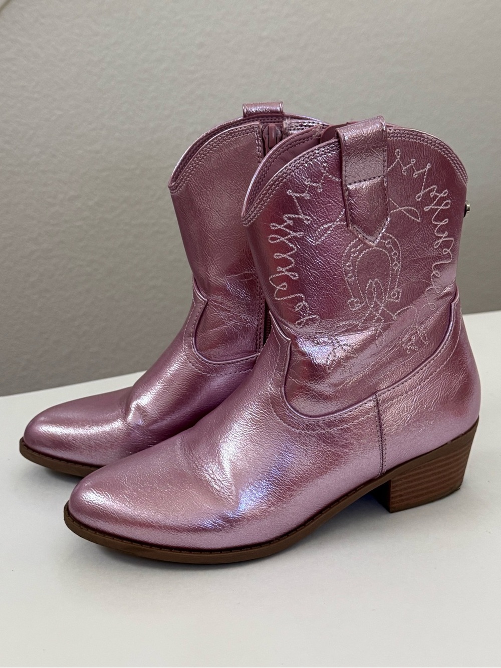 Kids Metallic Pink Cowboy Boots with Low Heel